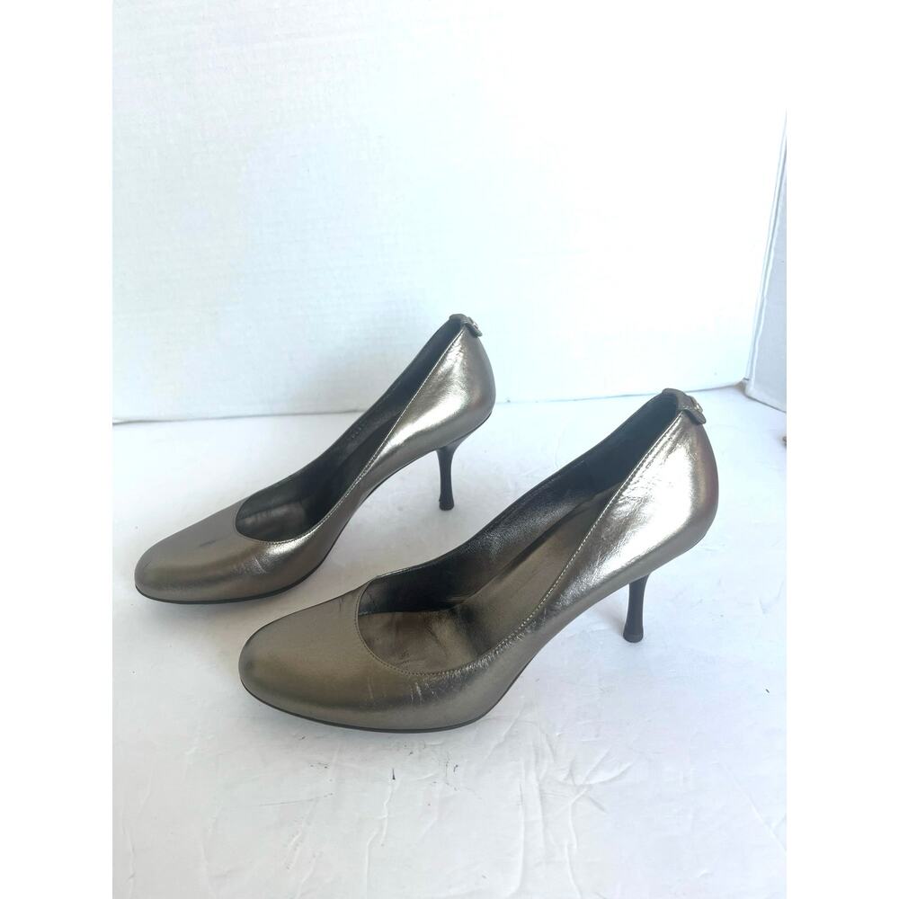 GUCCI Leather Champagne Gold Round Toe Black Low Heel Pump Shoes Size 8 Narrow - Picture 2 of 12